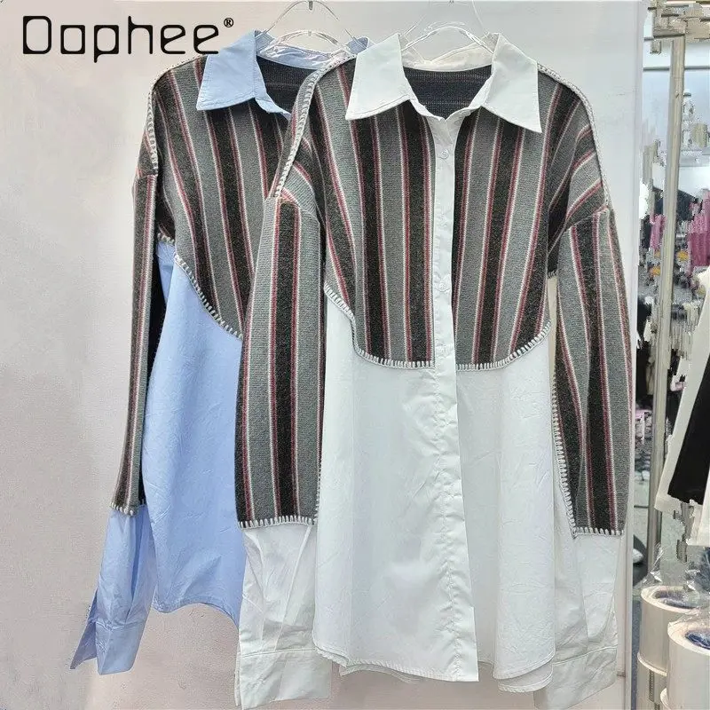 

2026 Spring New Style Turn-Down Collar Striped Patchwork Color-Block Knitted Loose Versatile Long-Sleeve Shirt Women's Top