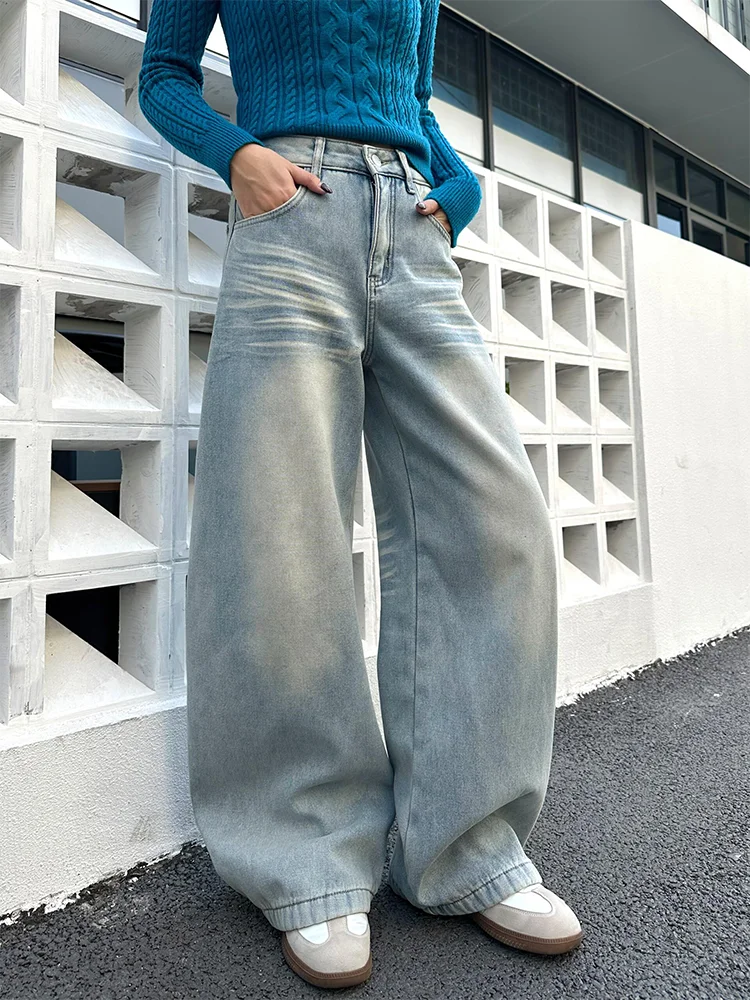 

Retro American Large Size Women's Jeans High Waist Straight Leg Wide Leg Floor Length Pants Embroidered Design Slimming Effect