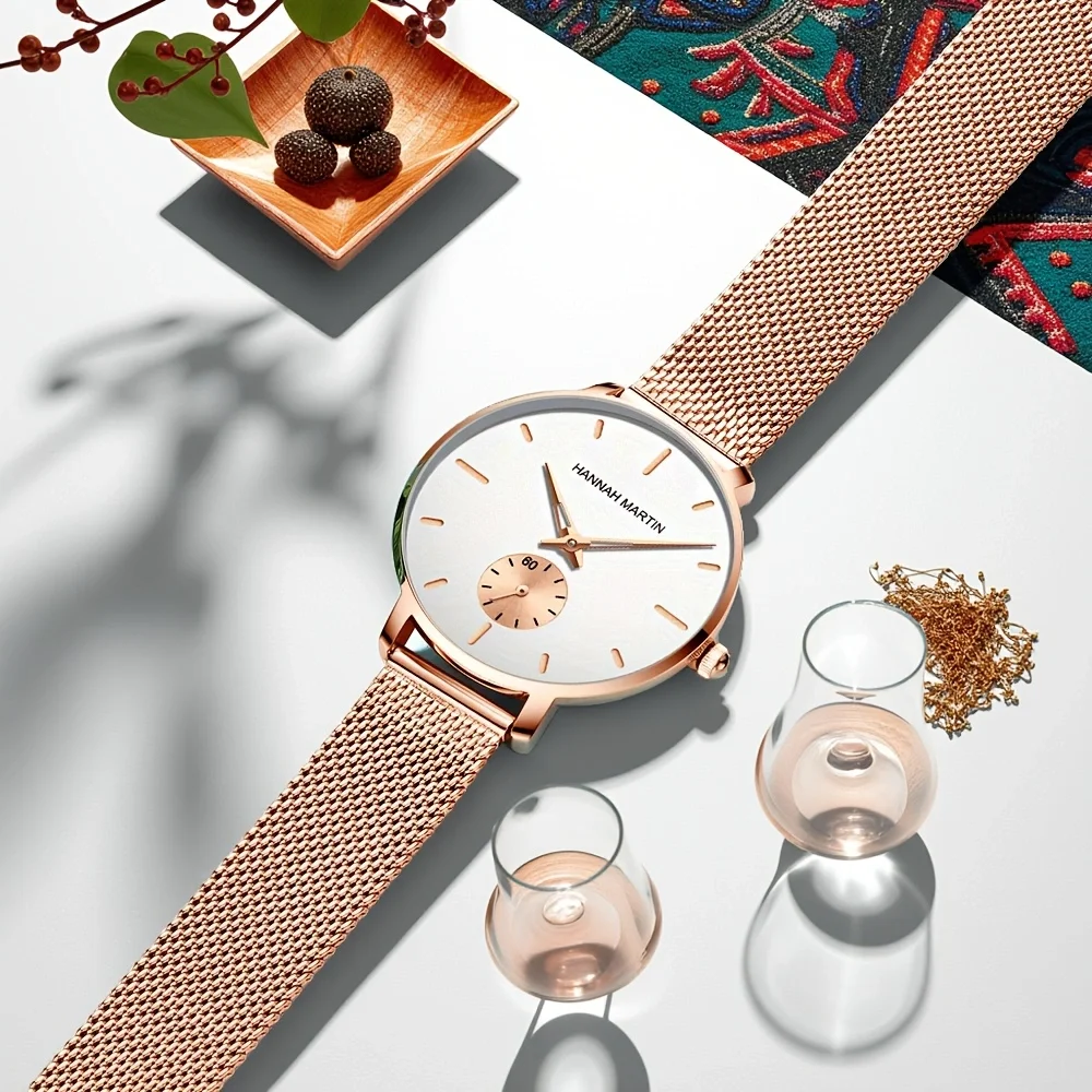 2025 новые модные женские часы, лучший бренд Hannah Martin, оригинальный кварцевый механизм, сетчатый ремень из нержавеющей стали, женские деловые часы