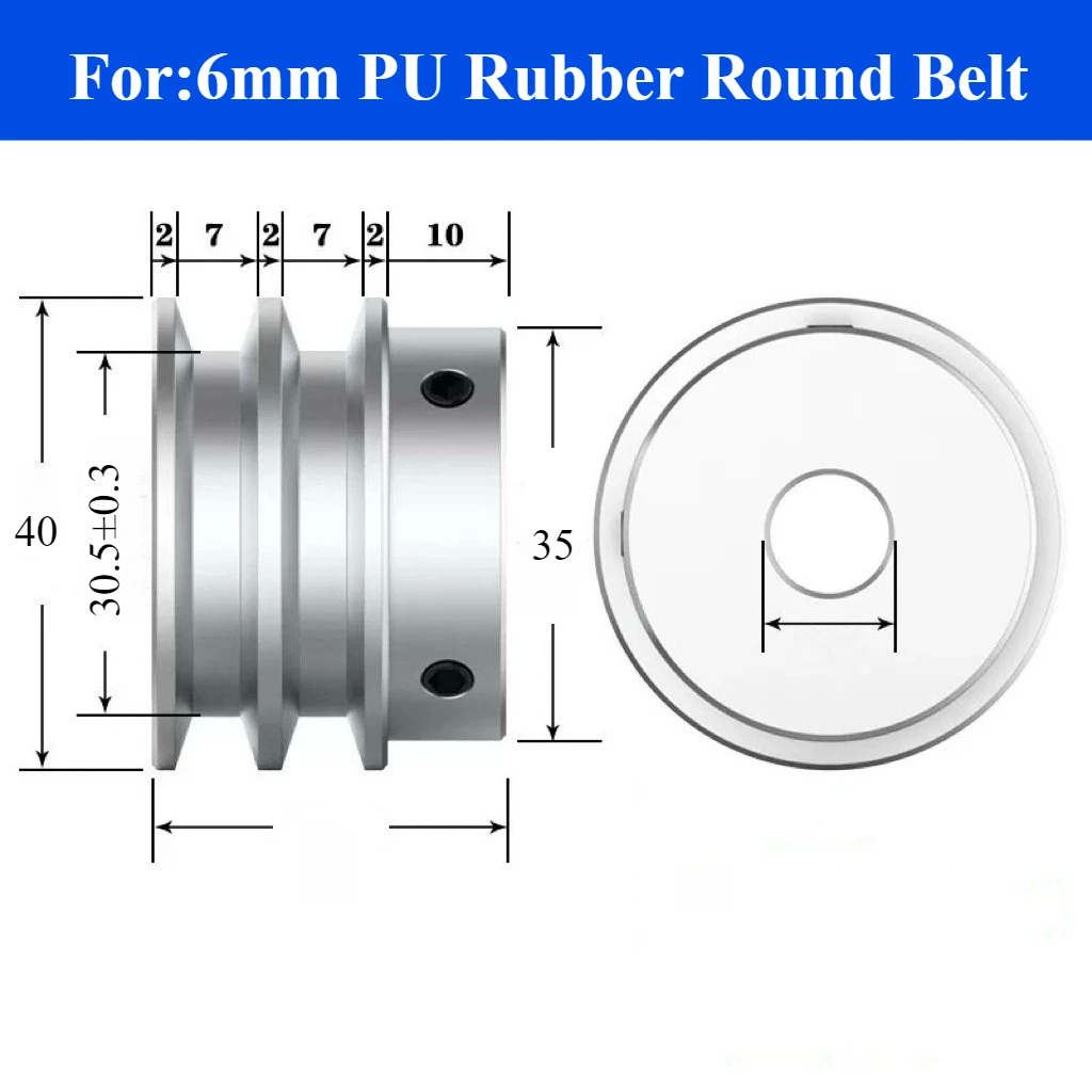

6mm PU Rubber Round Belt V-Shaped Aluminum Alloy Double Groove Pulley for: Spindle Motor Power Transmission Belt Pulley 30/40mm