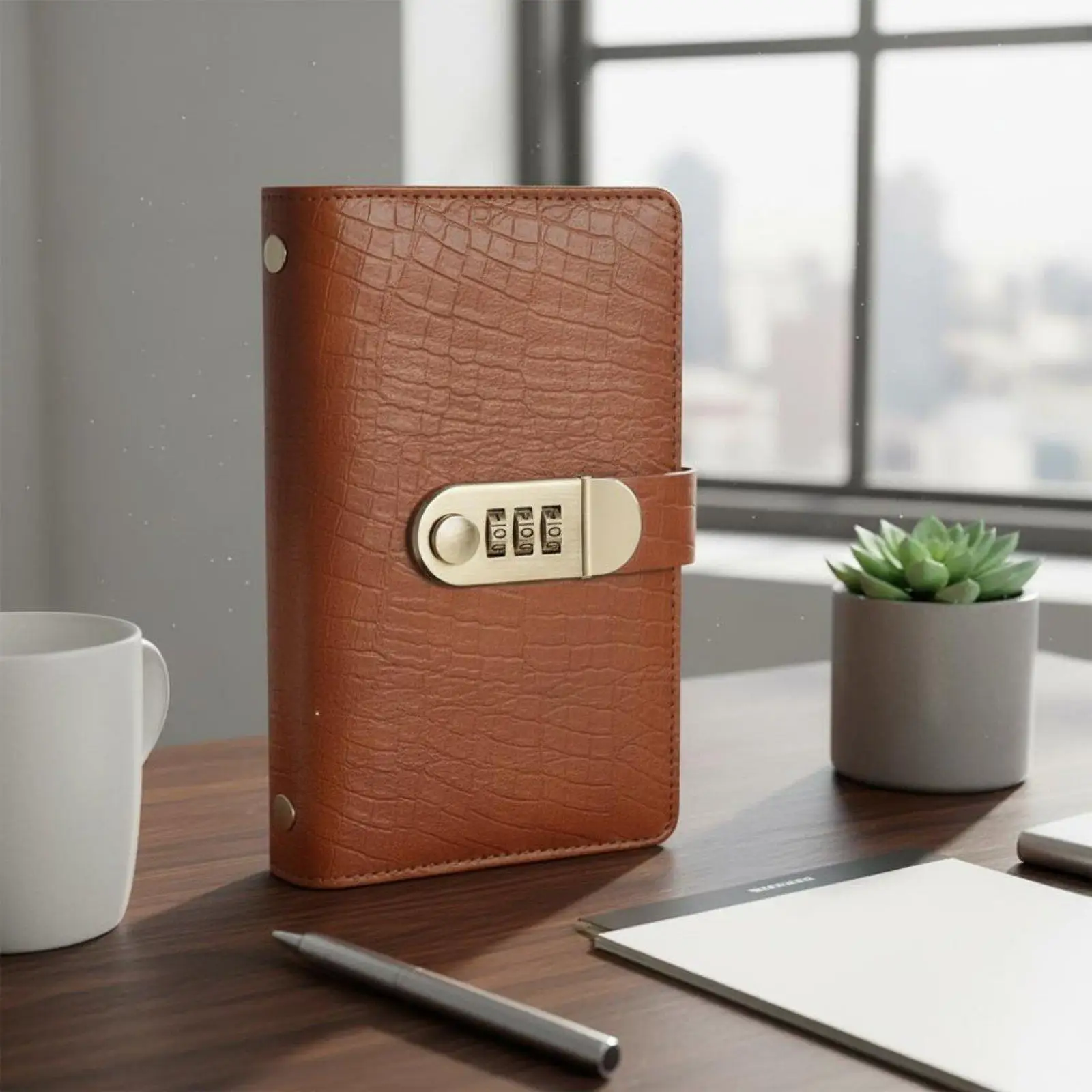 Secure Password Lock Money Book Cash Savings Binder with Crocodile Texture Faux Leather Cover for Budget Organizing