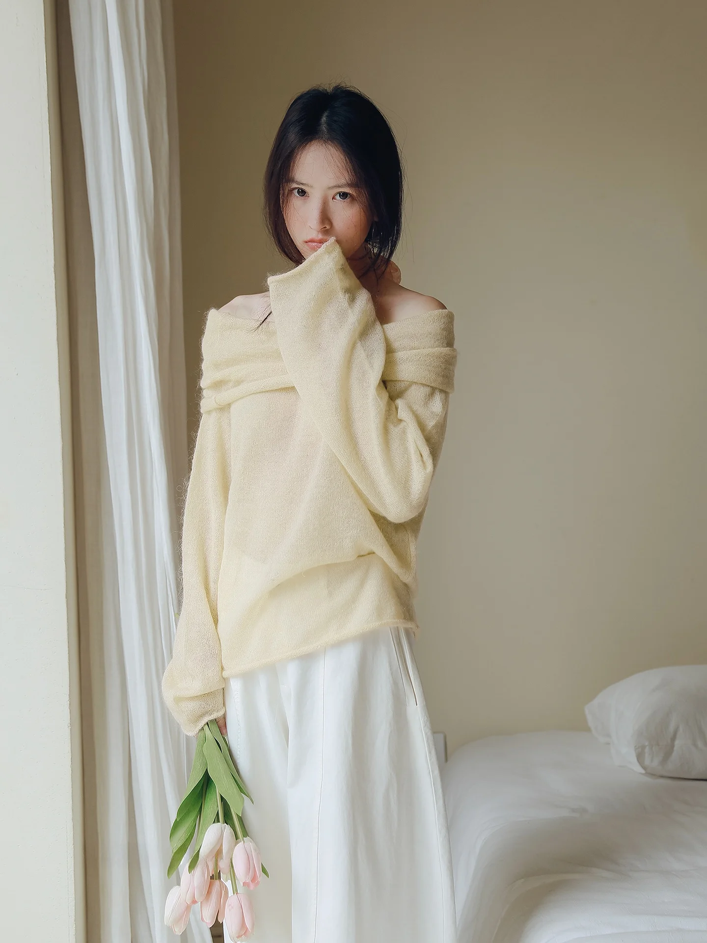 

Желтый вязаный свитер с открытыми плечами и длинными рукавами, ультрамягкий, из кашемира, дышащий, тонкий, в нежном стиле, для прогулок по городу, повседневный, свободного кроя