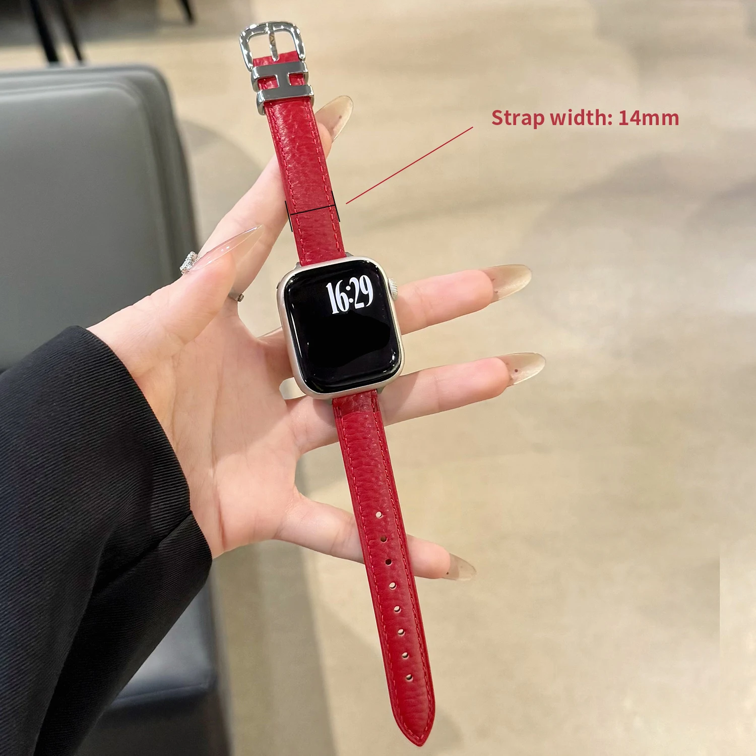 High aesthetic lychee patterned cowhide strap for Apple Watch S10 46 45-38mm female strap for iwatch Ultra 49 universal 18/20/22