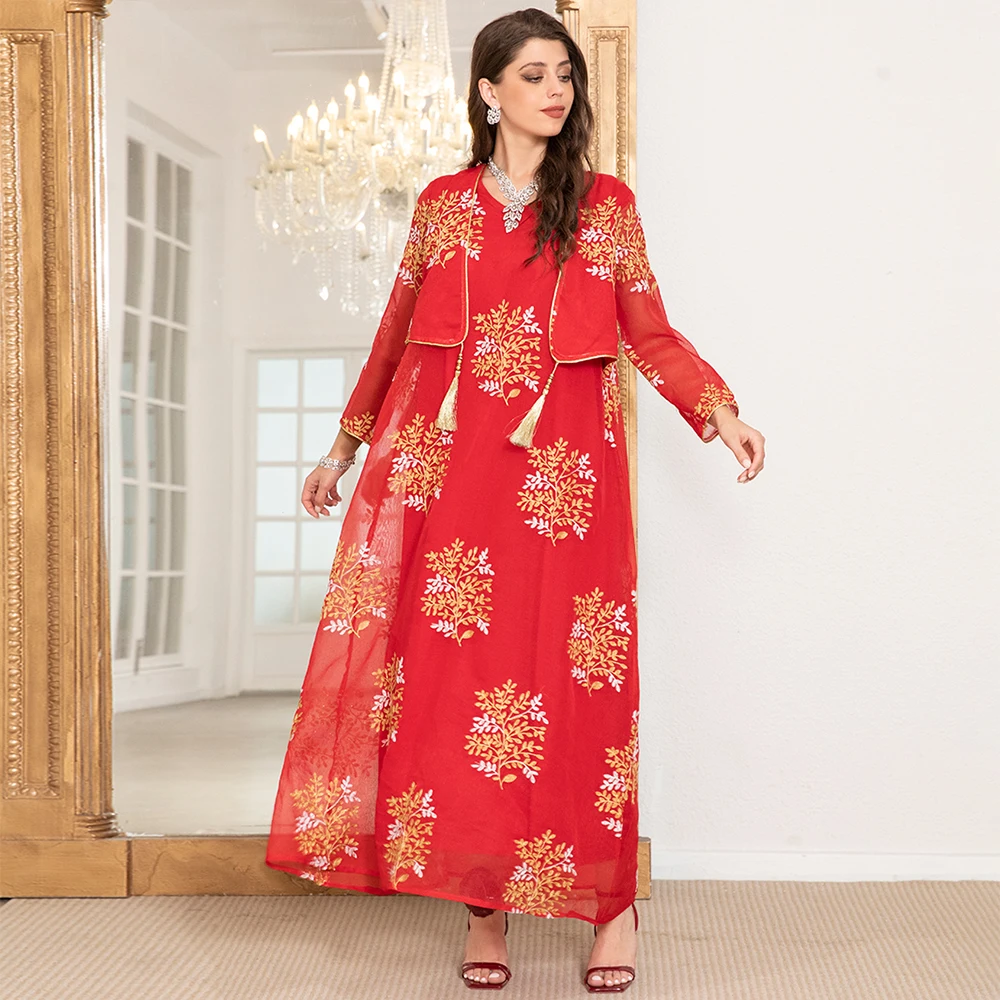 Fridayin Muslim Ramadan Elegant V Neck Floral Jacquard Embroidery Fake Two Piece Regular Sleeve Fashionable Arabian Long Dress