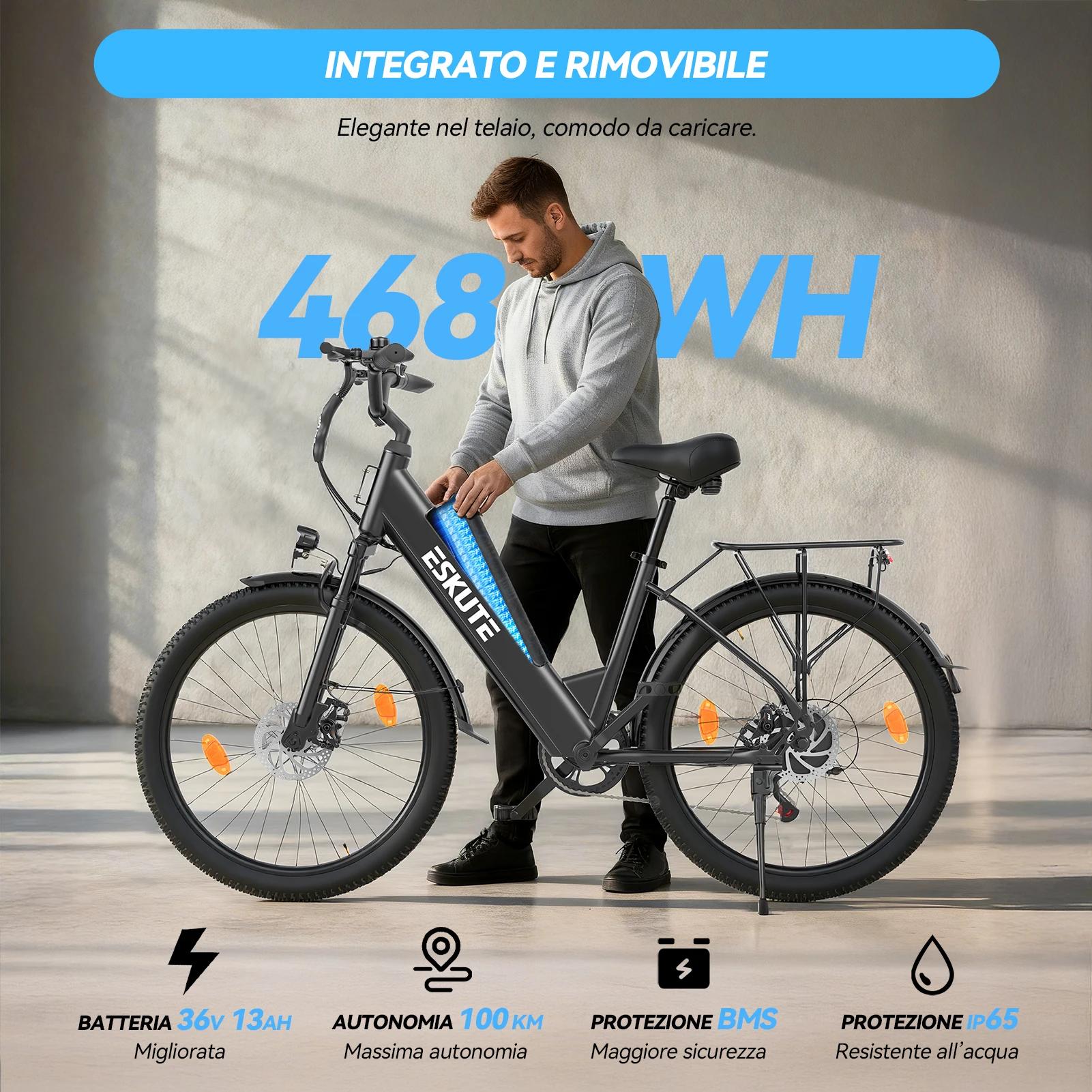 ESKUTE C100 Plus Elektrofahrrad 250W Motor 25 km/h 36V13AH Abnehmbarer Akku Mit SHIMANO 7-Gang-Elektrofahrrad IP65 Wasserdicht – Detail 4