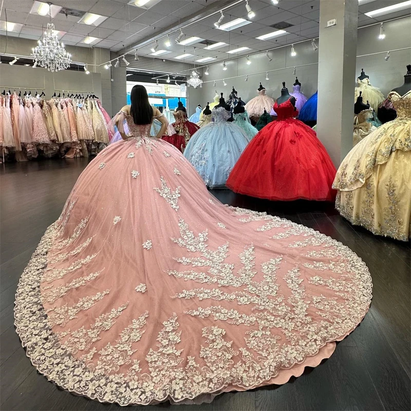 ANGELSBRIDEP Rosa Quinceanera Vestidos Com Mão Ouro 3D Flor Apliques Renda Cinderela 16 Princesa Vestidos De 15 Anos