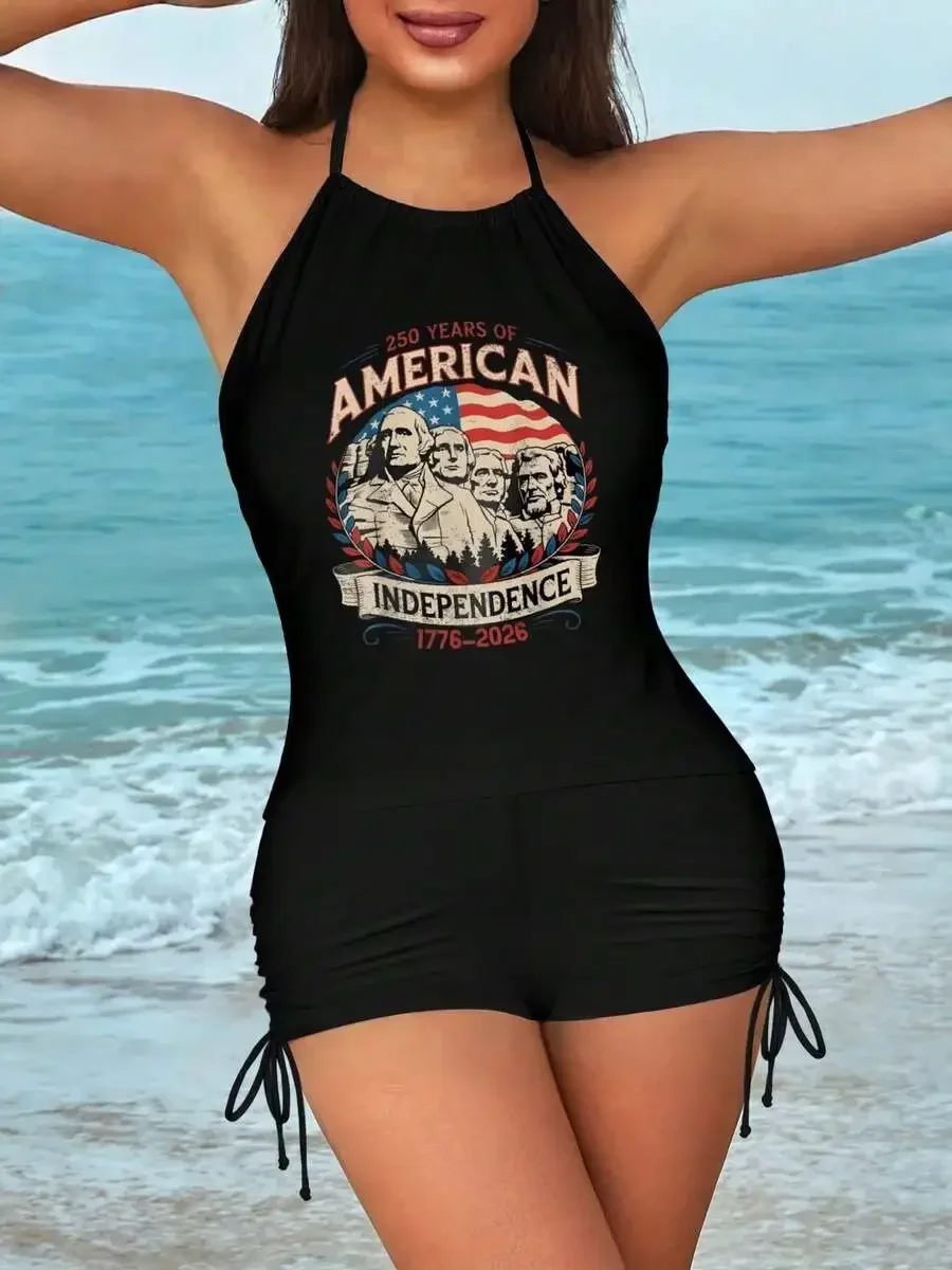 

Womens 250th Anniversary American Independence Graphic Tankini Set Top And Drawstring Shorts Modest Tummy Control Swimsuit
