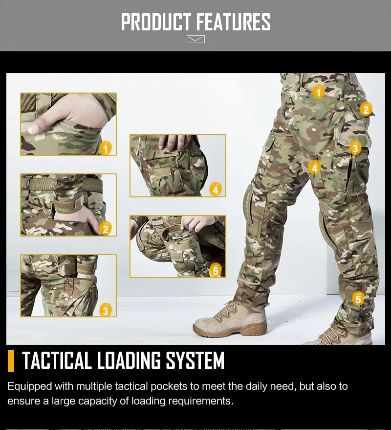 2025, taktische Hose, Kampfhose mit Knieschützern, Sporthose, Camo-Training, Jagd, Cargohose, Herren, Multicam-Kleidung, atmungsaktiv – Detail 3