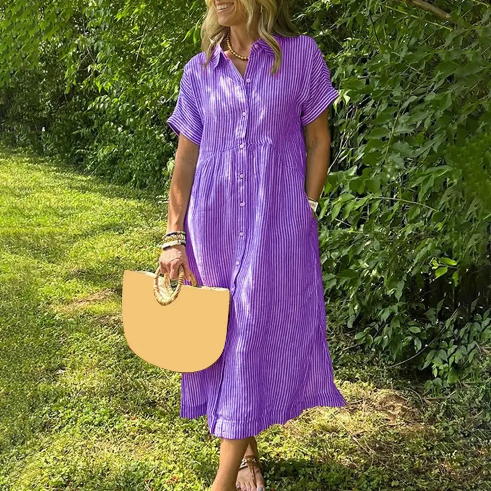 여성 라펠 버튼다운 셔츠 드레스 포켓 여름 캐주얼 반팔 A라인 롱 쉬프트 비치 드레스