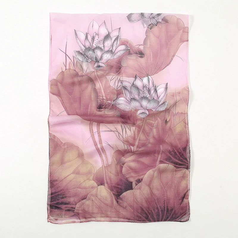 Lotusblütenmuster Simulation Seidenschal Damen Chiffon Schal Lange Gaze Leichter Halstuch Modischer Schal Hijab – Detail 3