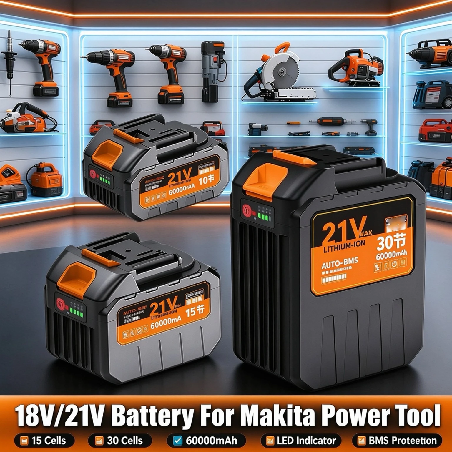 21V Li-ion Battery Pack For Makita 18V Electric Drill Wrench Grinder,10/15/30 Cells With Power Indicator