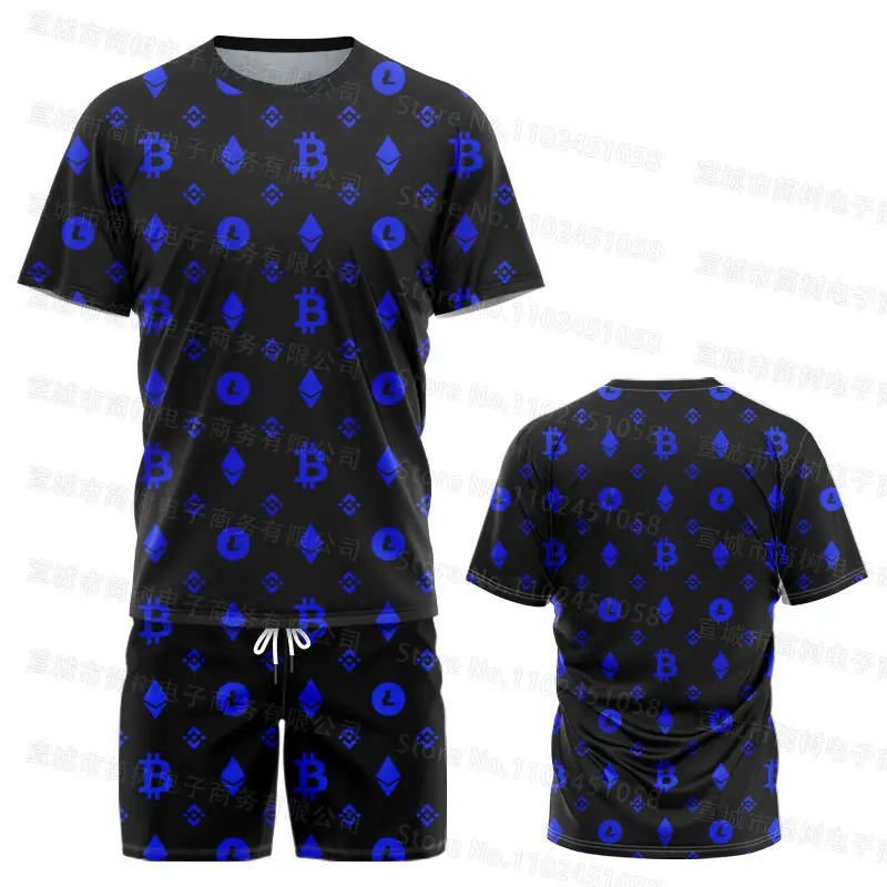 Bitcoin Basketball T-Shirt Set Ethereum Crypto Jersey Men Shorts Short Sleeved Two-Piece Sportswear High-Definition 3D Printing