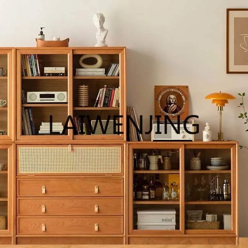 Living Room Display Wine Cabinet Rattan Woven Wall Solid Wood Floor Assemblage Zone Glass Door Dustproof Sideboard Cabinet