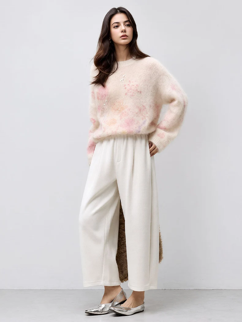 SuyaDream, Women Tie Dye Beaded Sequin Mohair Sweater Crew Neck Loose Fit Long Sleeve Autumn Fall Printed Knit Pullover
