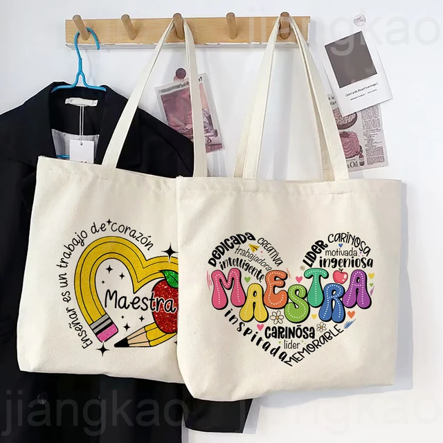 Maestra Spanish Heart Print Tote Bag Women Shoulder Bag Teacher Life Shopping Bag Teacher's Day Back To School Gift for Teachers
