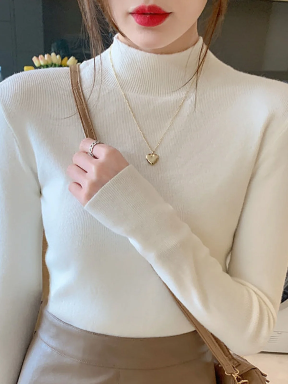 

2026 Autumn Winter Women's Knitted Long Sleeve Sweater Half High Collar Base Shirt Versatile White Inner Fashionable Top