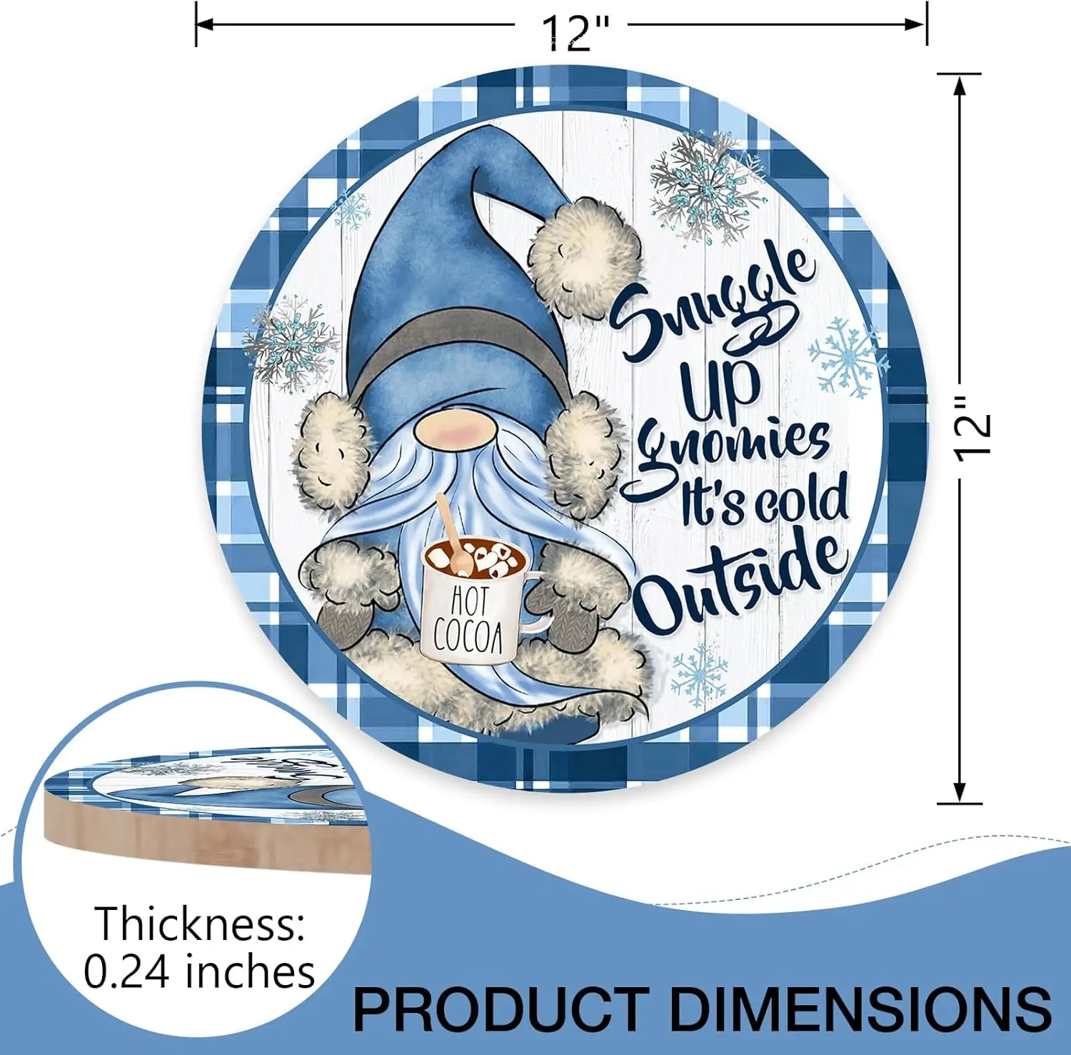 Winter Sunggle Up Gnomies It's Cold Outside Front Door Sign Blue Gnome Plaid Farmhouse Wood Door Hanger Outdoor Porch 12in