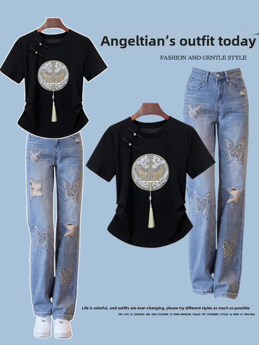 Summer Faion Embroidered ort Sve Slim Fit Jeans Set Anti-Aging Trendy Top Loose Diamond Decorated Two-Piece Suit
