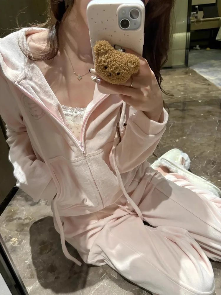 

Korean Sle Pink Hoodie Set Autumn Outfit Lazy Aosphere Wide Leg Pants Two Piece Set Long Sve Zipper Closure Casual Spo...