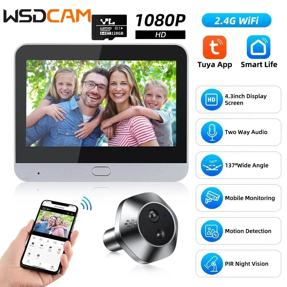 Wsdcam WiFi 4.3 Inch LCD Peephole Camera Night Vision Door Bell Smart PIR Recording Peephole Doorbell 137° Wide Angle