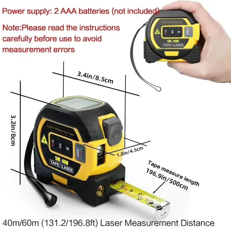 2 in 1 Digital Laser 5m Tape Measure, 1 Count 40m/60m Laser Measuring Tool with LCD Display & Self-locking Device