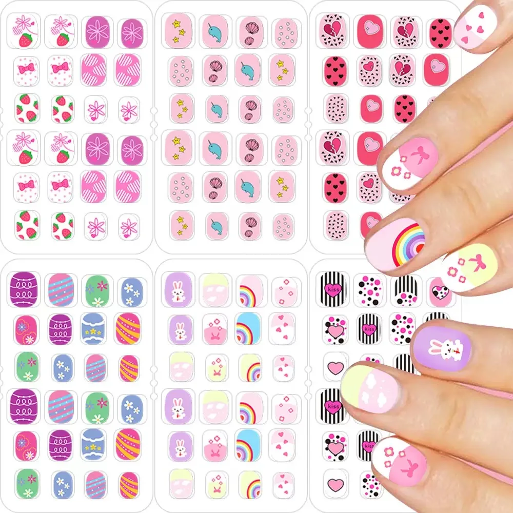 Faux ongles à pression pour enfants, 24 pièces, couverture complète, courts, Design, décoration, joli motif