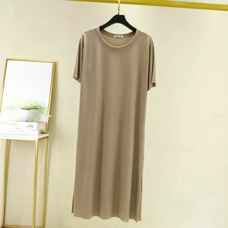 Solid Short Sleeve Dresses Women Summer Thin Baggy Side-slit O-neck Various Colors Casual Daily Korean Style Fashion Popular