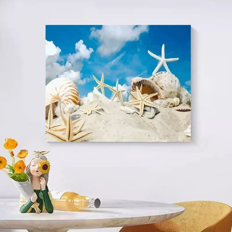 288094 Painting By Numbers Beach Shells With Frame Landscape Picture Numbers Handpainted