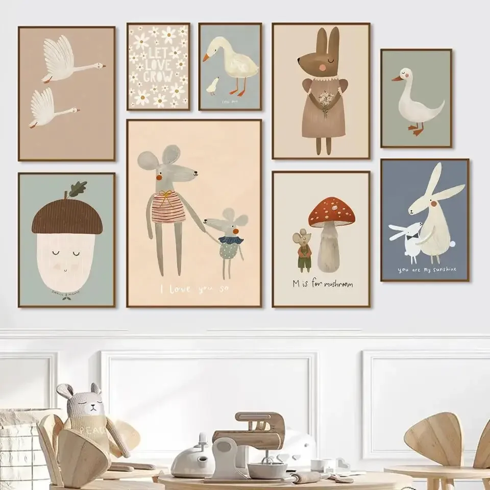 

Boho Cartoon Animal Canvas Wall Art Mouse Goose Mushroom Themed Prints for Nursery Kids Bedroom Decor