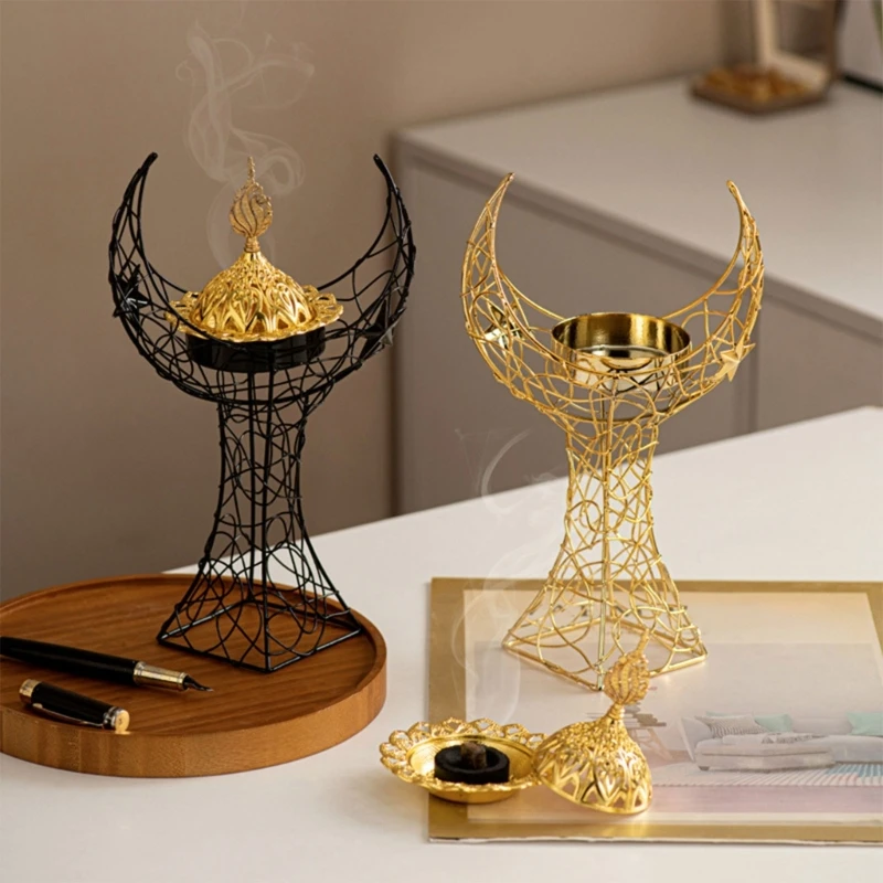 Eid Ramadans Metal Moon Tower Handheld Incenses Burners with Lid for Muslims Festivals Aromatherapies Stove Censers 87HA