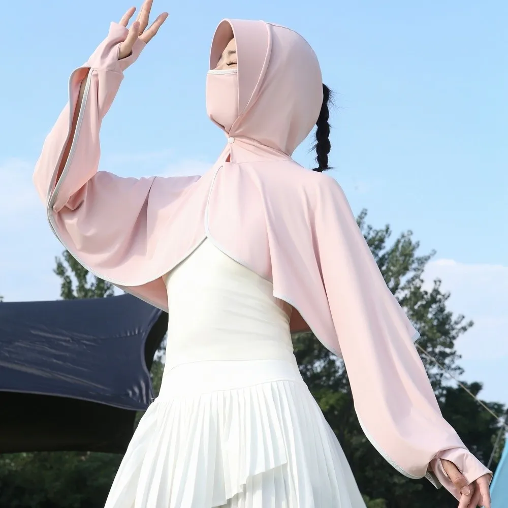 

Ice Silk 3 in 1 Sunscreen Hoodie Long Sleeve Thin Facemask Hat Sunscreen Shawl Solid Color UV Protection Sun Protection Clothing