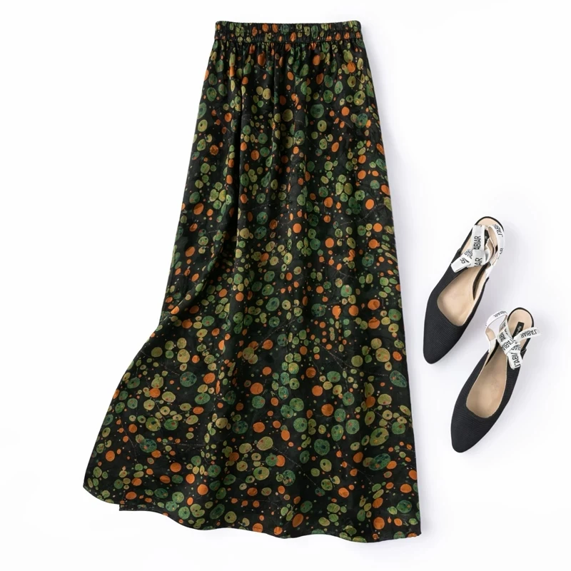 BirdTree-100%Real Silk Watered Gauze Elegant Skirts, Elastic Waist Jacquard, Women Retro Casual Skirt, 2026 Autumn New B68758CC