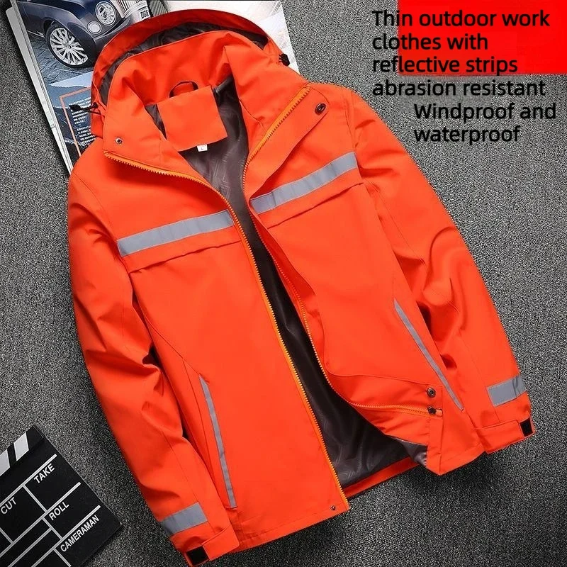 Waterproof Abrasion Resistant Windbreaker Hooded Jacket, Light Reflective Safety Jacket for Outdoor Work Construction High Visib