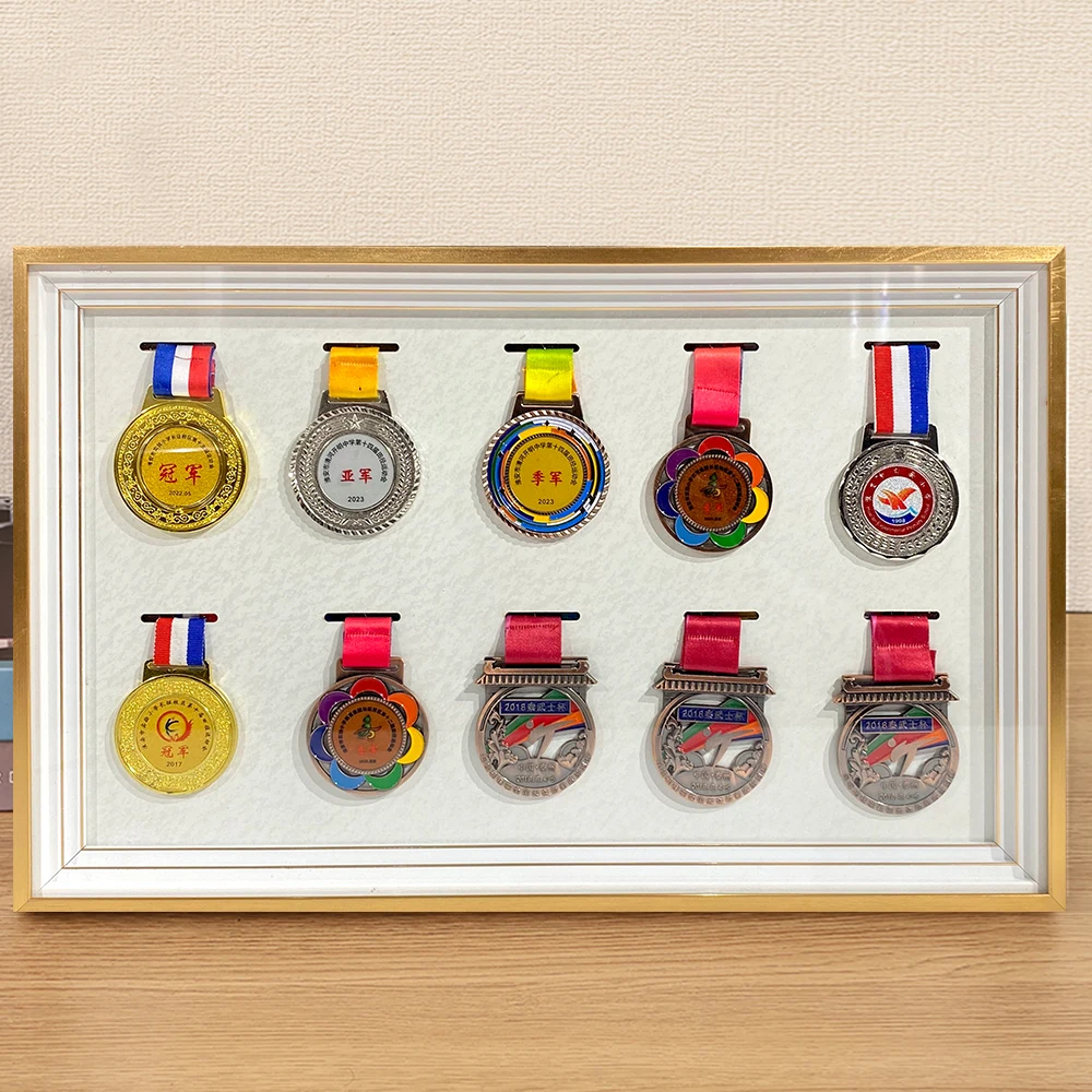 

PS Golden Border Dustproof Display Photo Frame for Marathon, Sport, Academic Honorary Badge Medal Display Storage Box Organizer