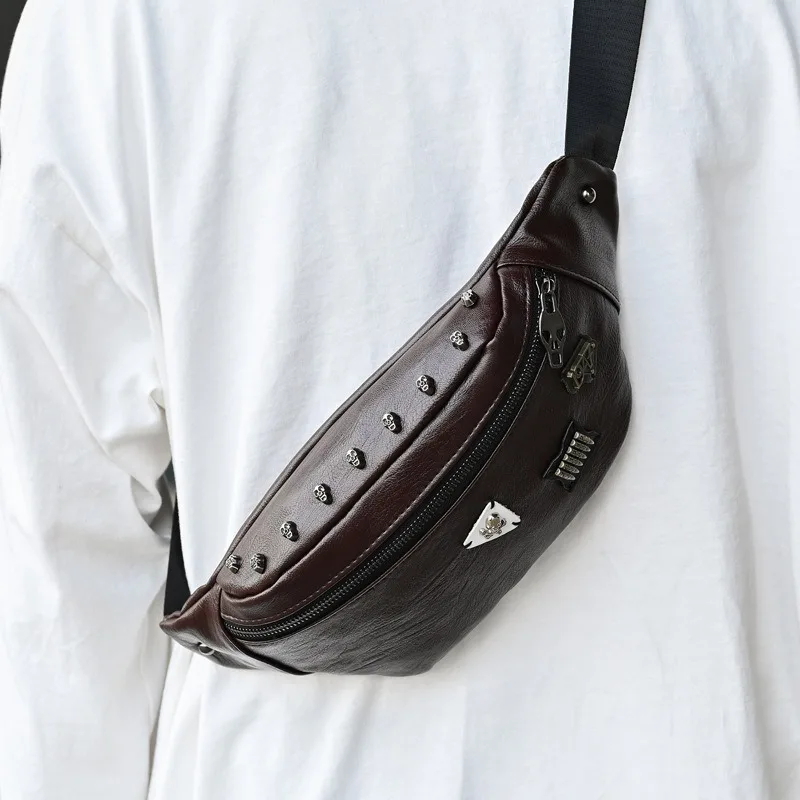 Nueva bandolera de cuero con diseño de esqueleto punk, pequeña, para llevar en la cintura o el pecho, estilo coreano, bolso cruzado para hombre, bolso de hombro para actividades al aire libre y uso diario, mochila trasera.