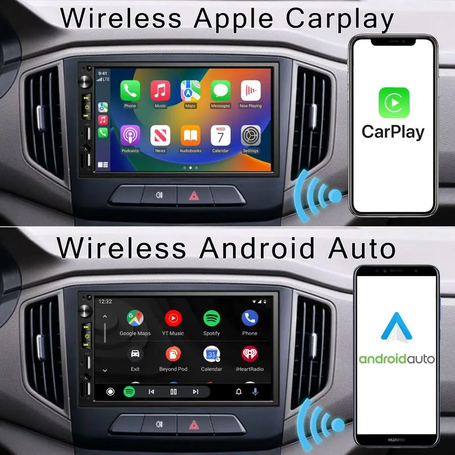 ستيريو سيارة مزدوج الدين 7 بوصة مع Apple Carplay، راديو سيارة FM بلوتوث، كاميرا احتياطية، شاشة لمس HD IPS 1024 600، مرآة Lin، Bui