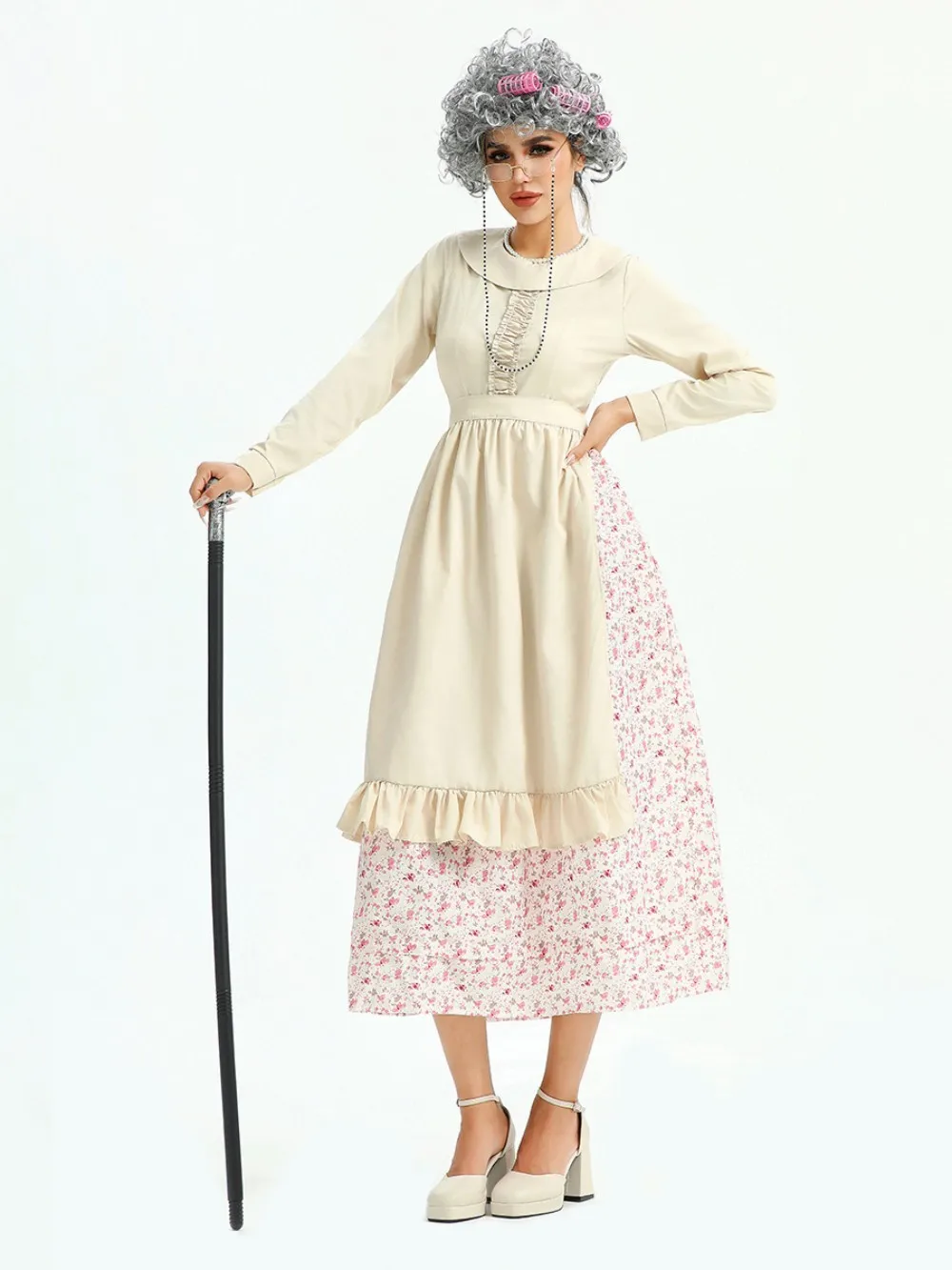 old lady dress costume Kawell 10 pcs Old Lady Costume,100 Days Costume Old Lady Wig, Granny Grandma Dress Up, Women's, Size: 130 for 7-8 Years, Yellow