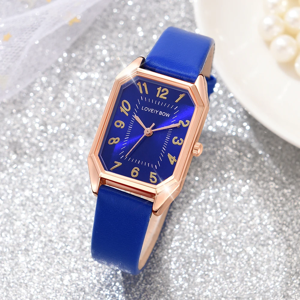 Blue 6PCS/Set Women Watch Rectangular Dial Quartz Wristwatch PU Leather Strap Watch Rectangular Blue Gemstone Set Gift For Mom