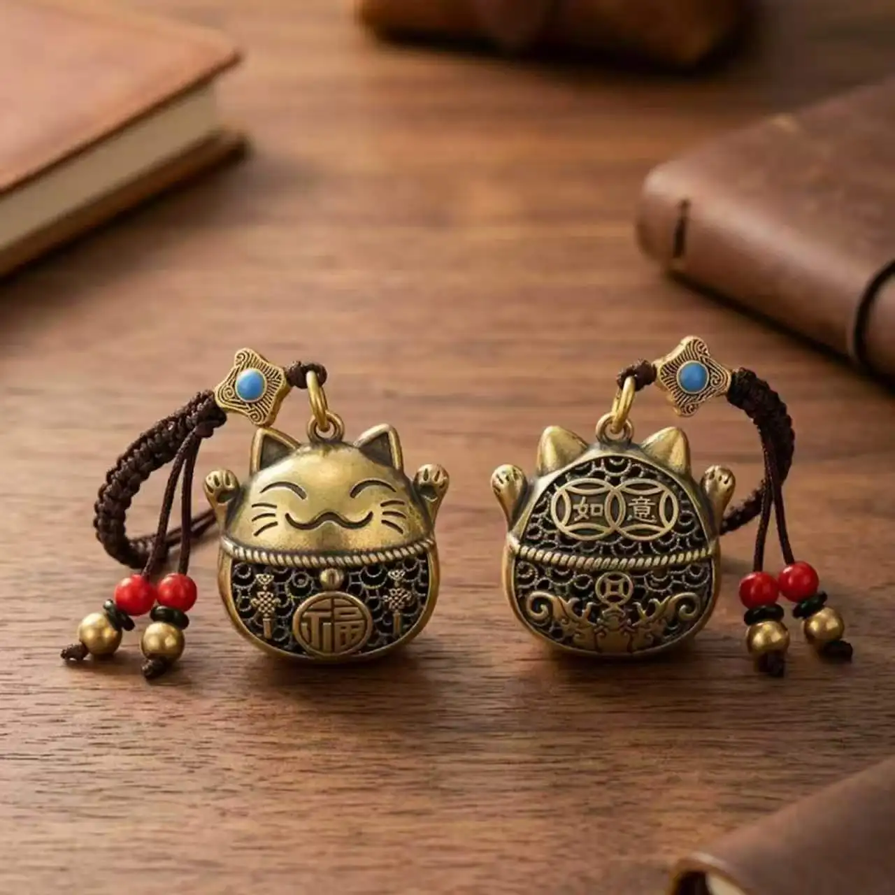 

Lucky Cat Brass Keychain Car Creative Hollow out Design Vintage Unisex Key Holder Pendant Automotive Themed Accessory