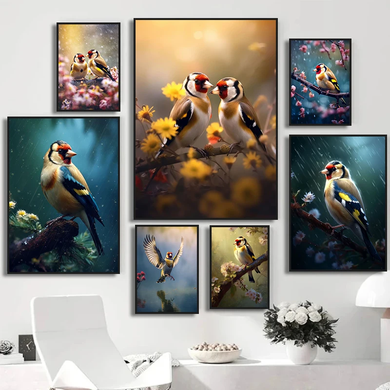 Beautiful Goldfinch Bird Couple Flower Landscape Canvas Painting Wall Art Nordic Posters Prints Pictures for Living Room Decor