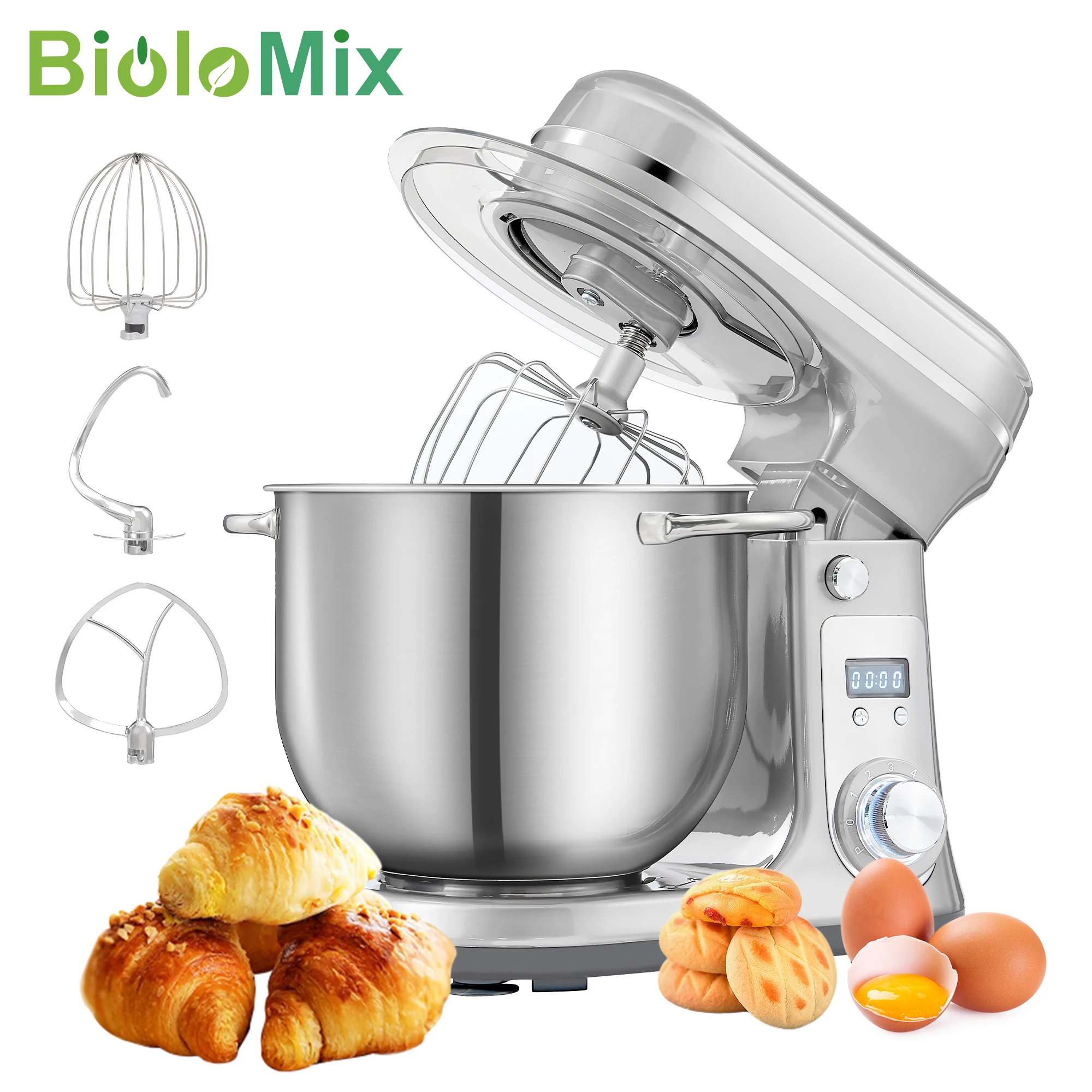 BioloMix 6L Kitchen Food Stand Mixer 1200W DC Quiet Motor Stainless Steel Bowl 6-speed Cream Egg Whisk Whip Dough Kneader