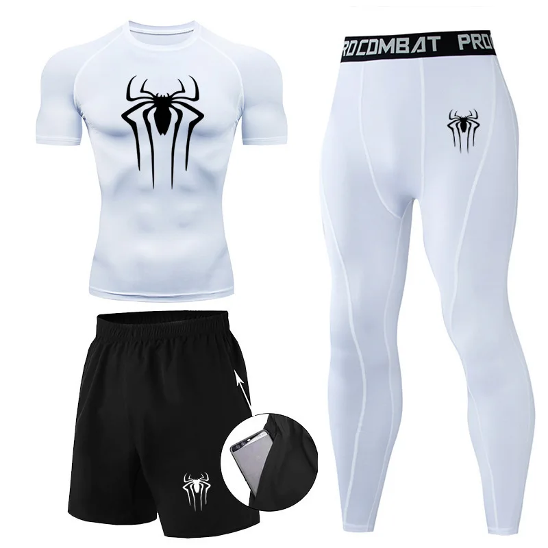 Men 3Pc Set Compression Sports Suit Spider Thermal Underwear Long Johns Clothes Running Tracksuit Wear Exercise Workout Tights