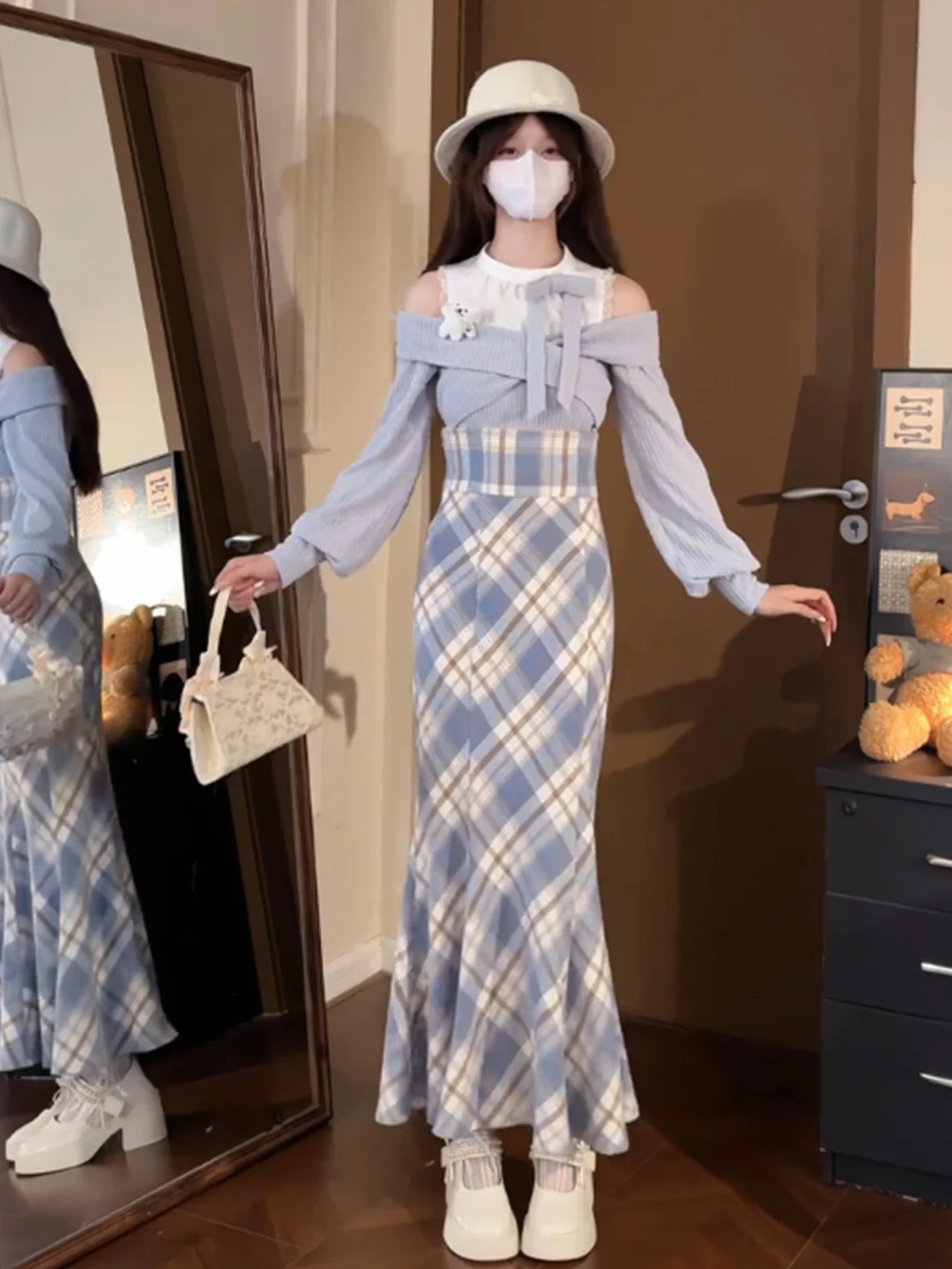 

Elegant Ladylike Plaid Fish Tail Skirt Knitted Top Two Piece Set Autumn New Fashion Women's Casual Wear Versatile Ensemble