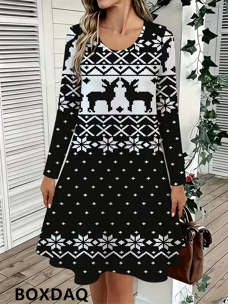 Christmas Ladies Dress 2027 Casual Long Sleeved Round Neck Pullover Reindeer Snowflake Polka Dot Print Loose Women's Party Dress