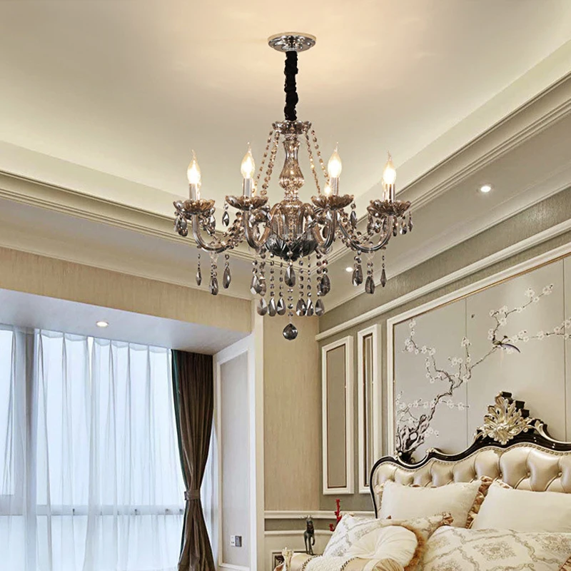 French Style Smoke Gray Room Living Room Crystal Chandelier European Retro Villa Hotel Corridor Decoration Led Pendent Lamps