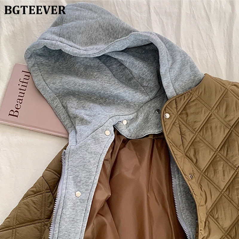 BGTEEVER Casual Thicken Warm Loose Zippers Women Hooded Parkas Stylish Long Sleeve Single-breasted Ladies Argyle Overcoats