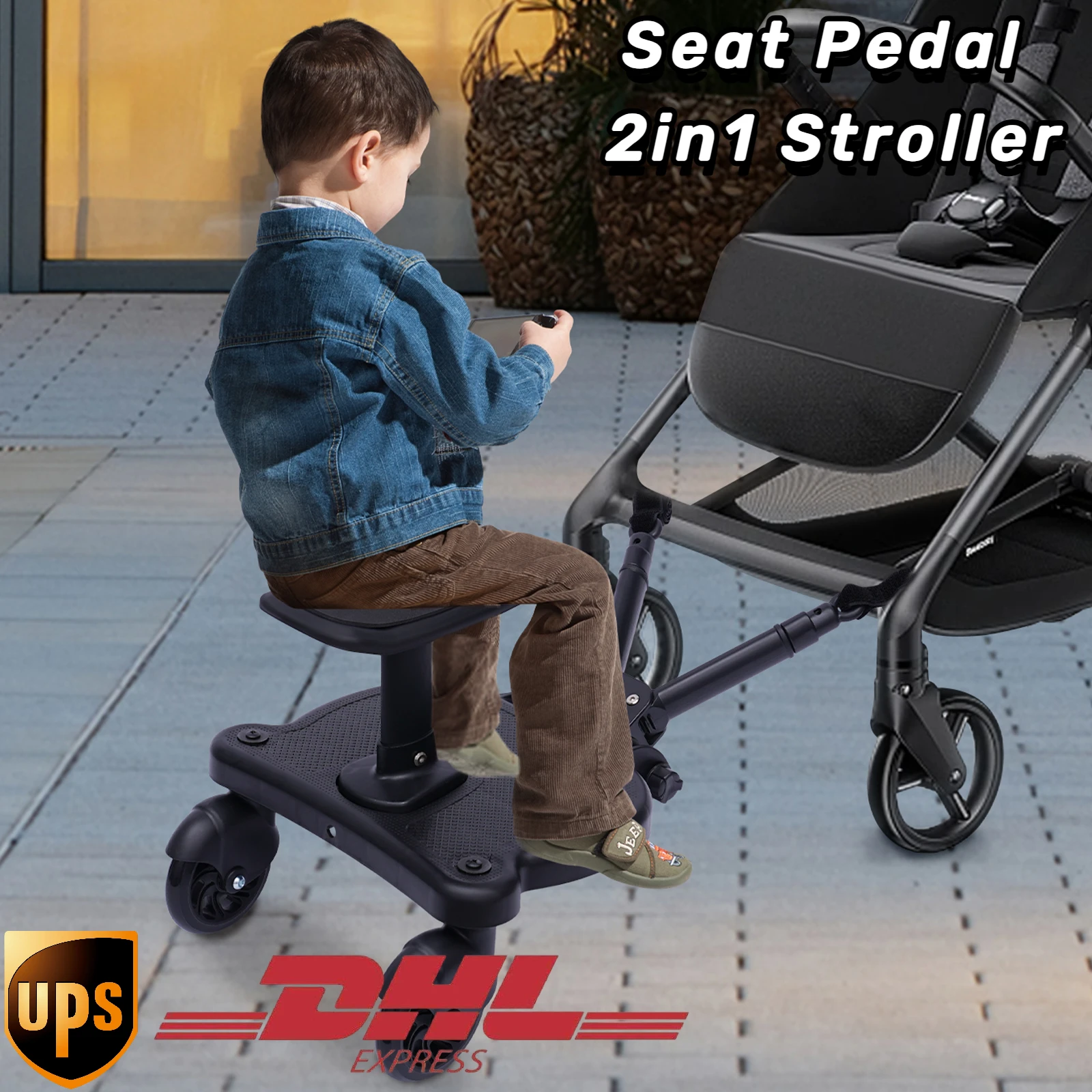 Stroller Board Universal 2in1 Stroller Ride Board Buggy Wheeled Board Seat Pedal with Detachable Seat Standing Board