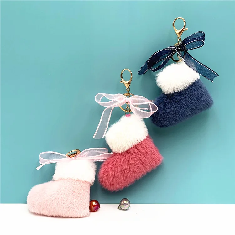 Cute Bow Christmas Boots Keyring Soft Simulation Mink Fur Boot Plush Stuffed Toy Car Backpack Charm Keyring Christmas Party Gift