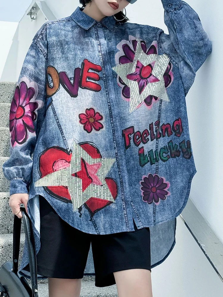 YERMORA Blue Tie-dye Printing Splice Sequins Big Sie Blouse For Women Lapel Long Sleeve Loose New Shirt Spring Summer 2025