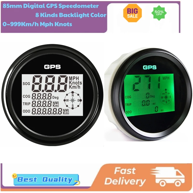 

Цифровые GPS-спидометры Cog 0-999 км/ч (мили/ч, узлы) с 8 режимами цветовой подсветки, водонепроницаемые одометры 85 мм для автомобилей